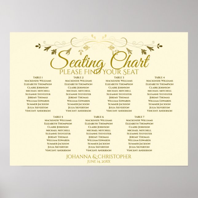 Gold & Creme Elegante 7 Tafelsitzkarten Poster (Vorne)