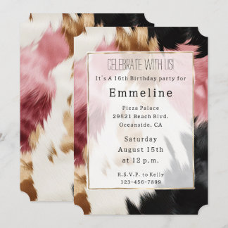 Gold Creme Pink Black Cowgirl Cowhide Einladung