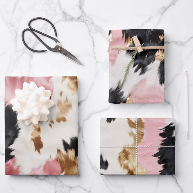 Gold Creme Pink Black Cowgirl Cowhide Geschenkpapier Set (Vorderseite)