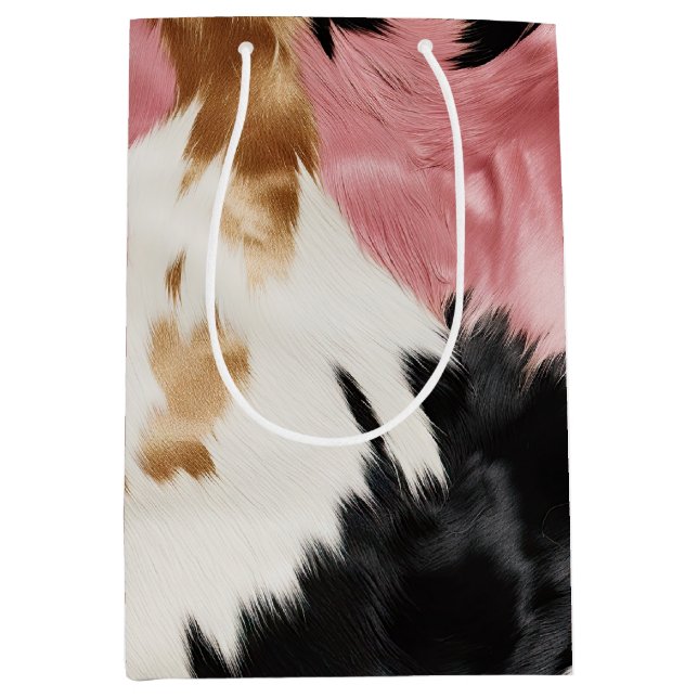 Gold Creme Pink Black Cowgirl Cowhide Mittlere Geschenktüte (Vorderseite)
