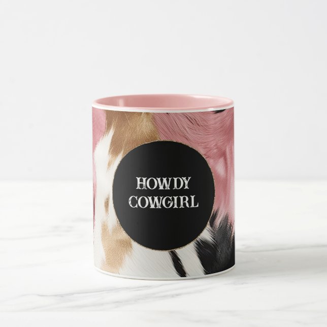 Gold Creme Pink Black Cowgirl Cowhide Tasse (Zentrum)