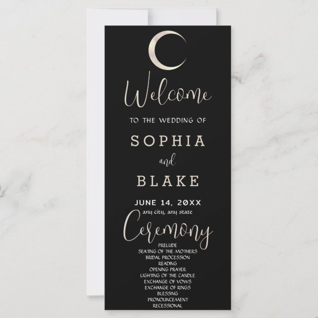 Gold Crescent Moon Celestial Black Wedding Program (Vorderseite)