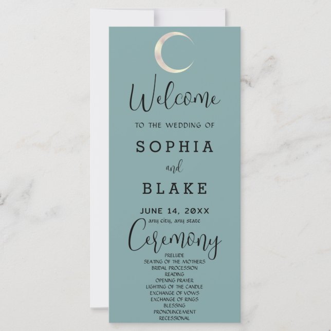 Gold Crescent Moon Celestial Blue Wedding Program (Vorderseite)