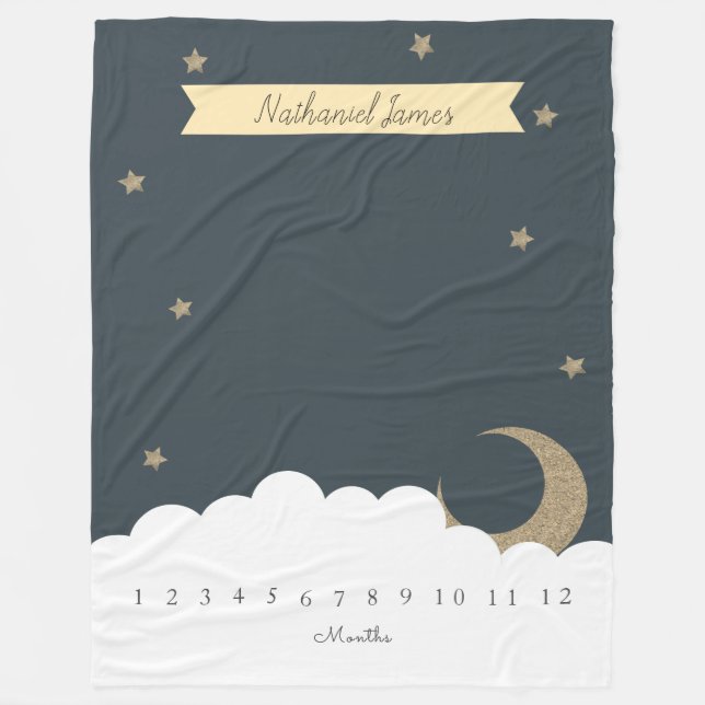Gold Crescent Moon & Stars Navy Blue Milestone Boy Fleecedecke (Vorderseite)