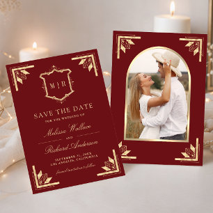 Gold Crest Monogram Foto Marine Rot Hochzeit Save The Date