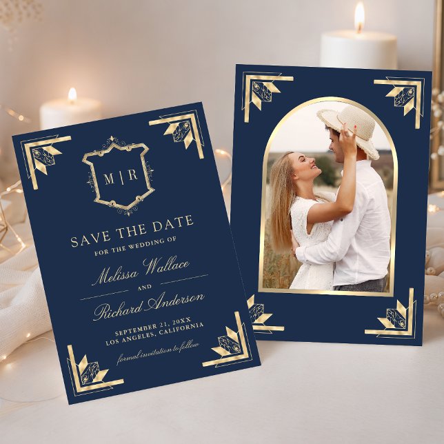 Gold Crest Monogram Foto Navy Blau Hochzeit Save The Date (Von Creator hochgeladen)