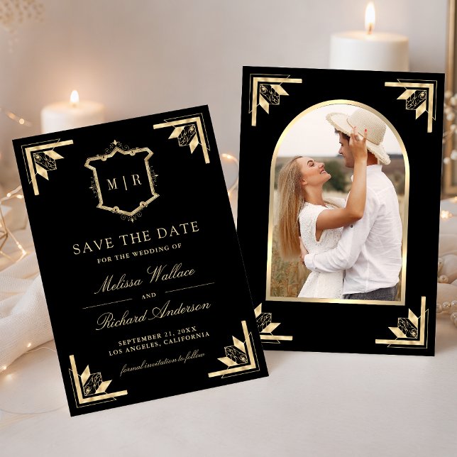 Gold Crest Monogram Foto Schwarze Hochzeit Save The Date (Von Creator hochgeladen)