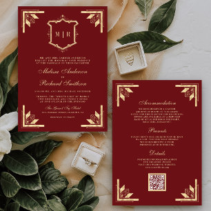 Gold Crest Monogram QR Code Marine Rot Hochzeit Einladung