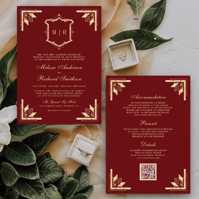 Gold Crest Monogram QR Code Marine Rot Hochzeit Einladung (Von Creator hochgeladen)