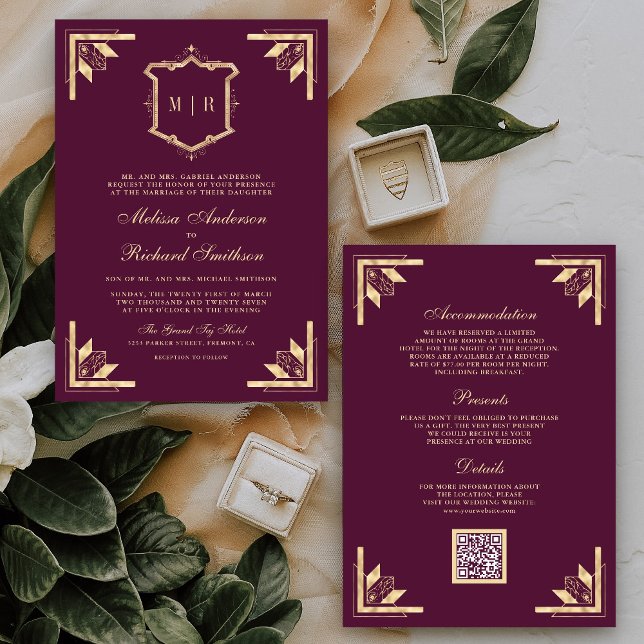 Gold Crest Monogram QR Code Pflaume Lila Hochzeit Einladung (Von Creator hochgeladen)