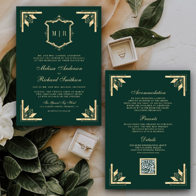 Gold Crest Monogram QR Code Smaragdgrüne Hochzeit Einladung (Von Creator hochgeladen)