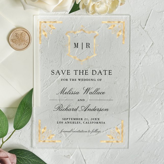 Gold Crest Monogram Wedding Save the Date Acryleinladungen (Von Creator hochgeladen)