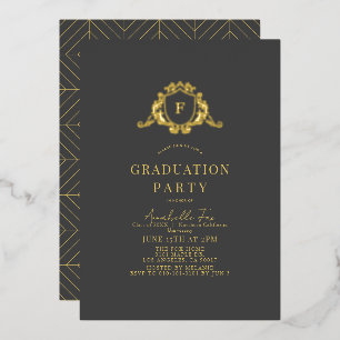 Gold Crest Monogramm Dunkelgrau Abschlussfeier Folieneinladung