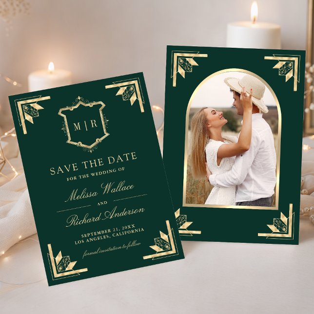Gold Crest Monogramm Foto Smaragdgrün Hochzeit Save The Date (Von Creator hochgeladen)
