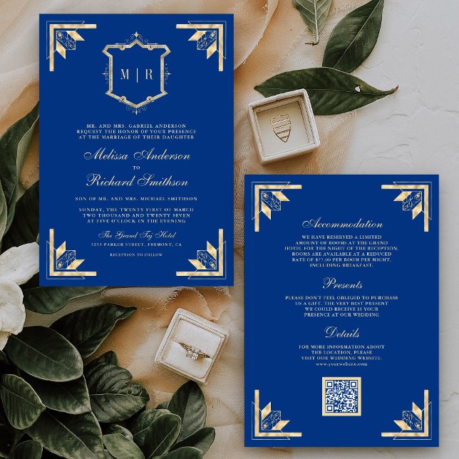 Gold Crest Monogramm QR-Code königsblau Hochzeit Einladung (Von Creator hochgeladen)