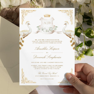 Gold Crest Royal Indian Weißer Pfau Hochzeit Einladung