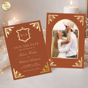 Gold Crest Terrakotta Hochzeit Vormerkung Folieneinladung