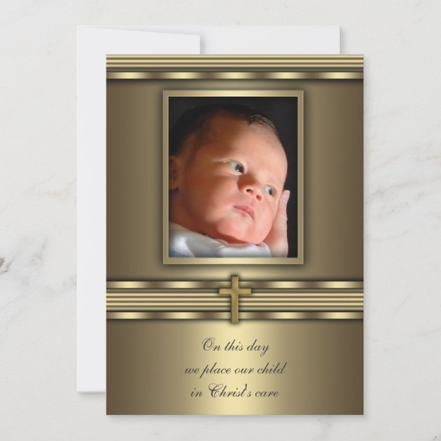 Gold Cross Baby Boy Foto Taufe Christening Einladung (Vorderseite)
