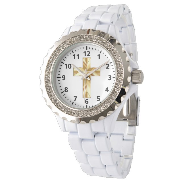 Gold Cross Custom Kristall White Enamel Watch Armbanduhr (Schrägansicht)