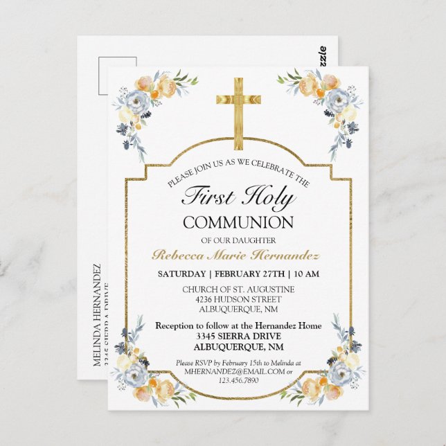 Gold Cross Floral 1. Heilige Kommune Einladung Postkarte (Vorne/Hinten)
