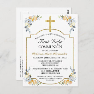 Gold Cross Floral 1. Heilige Kommune Einladung Postkarte
