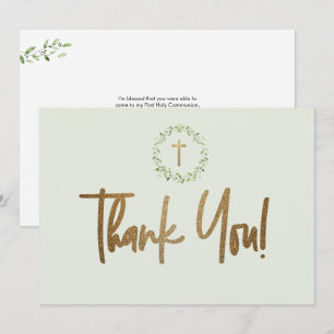 Gold Cross Green Watercolor Blätter Erste Kommune Dankeskarte