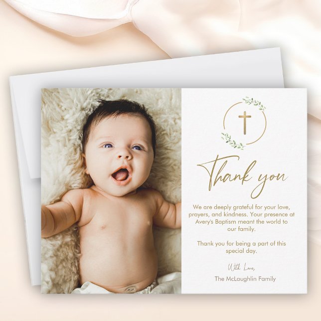 Gold Cross Green Wreath Taufe Foto Vielen Dank Dankeskarte (Baptism thank you photo baby card, gold cross, botanical wreath.)