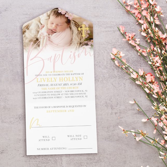 Gold Cross Pale Pink Script Photo Baptism Foil All-in-One-Einladung (Von Creator hochgeladen)
