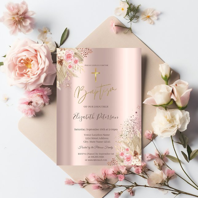 Gold Cross Pampas Grass Blume Taufen Rose Gold Einladung (Von Creator hochgeladen)