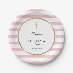 Gold Cross Pink Stripe Taufe Christening Pappteller