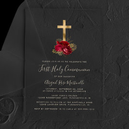 Gold Cross Red Floral Gold Text erste Kommune Acryleinladungen