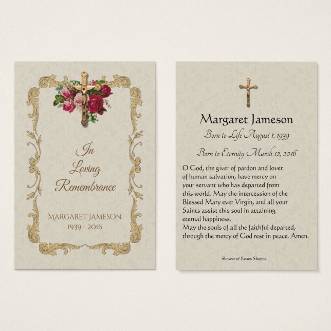 Gold Cross Rote Rosen Beileid Condolence Holcard (Vorne & Hinten)
