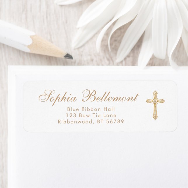 Gold Cross Simple Religious Baptism Return Address (Insitu)