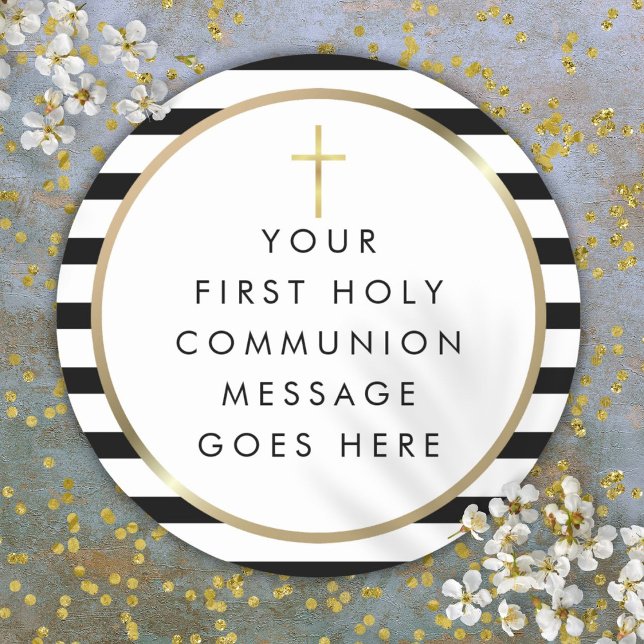 Gold Cross Stripe Erste heilige Kommunion-Nachrich Runder Aufkleber (Gold Cross Stripe First Holy Communion Message Classic Round Sticker)