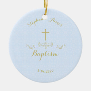 Gold Cross und Laurels in Light Blue Keramikornament