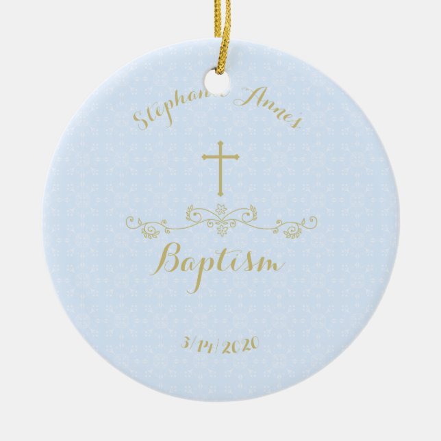 Gold Cross und Laurels in Light Blue Keramikornament (Vorne)