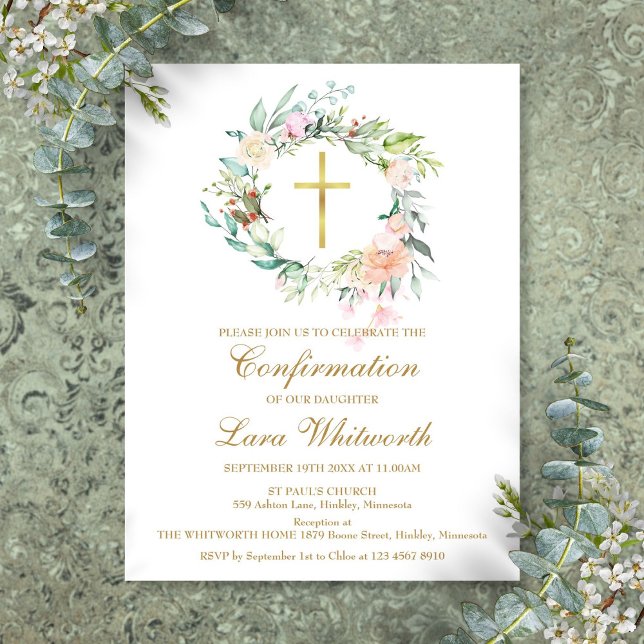 Gold Cross Watercolor Floral Confirmation Einladungspostkarte (Gold Cross Watercolor Floral Confirmation Invitation Postcard)