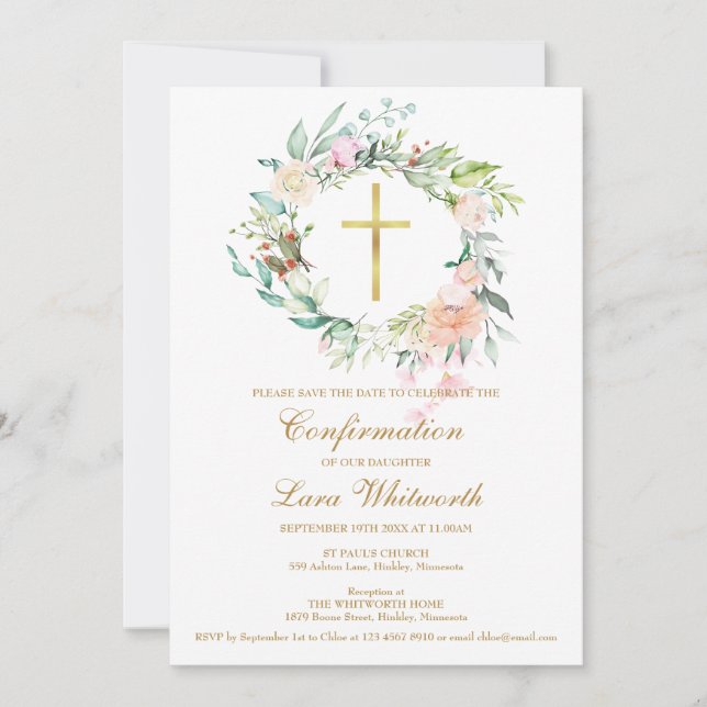 Gold Cross Watercolor Floral Confirmation Save The Date (Vorderseite)