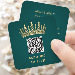 Gold Crown Dark Green Quinceañera Scan Me QR RSVP Begleitkarte
