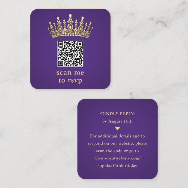 Gold Crown Dark Purple Quinceañera Scan Me QR RSVP Begleitkarte (Vorne/Hinten)