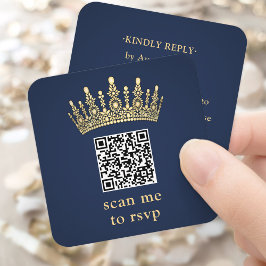 Gold Crown Navy Blue Quinceañera Scan Me QR RSVP Begleitkarte