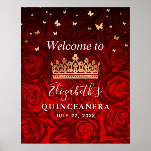 Gold Crown Rote Rosen Quinceanera Willkommen Party Poster