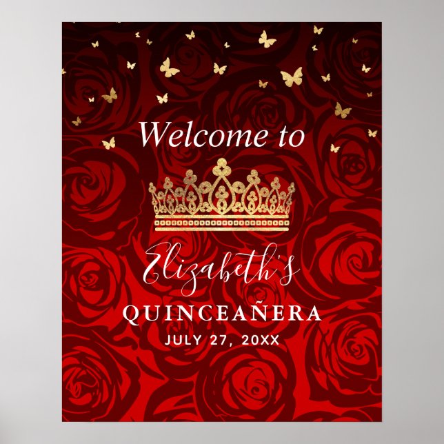 Gold Crown Rote Rosen Quinceanera Willkommen Party Poster (Vorne)