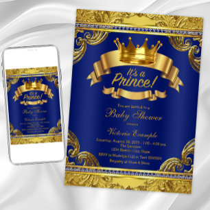 Gold Crown Royal Blue Extravagant Prince Baby Dusc Einladung