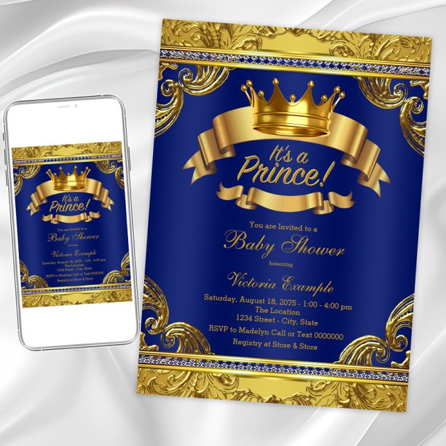 Gold Crown Royal Blue Extravagant Prince Baby Dusc Einladung (Elegant prince baby shower invitation. Digital download and printed invitations available.)
