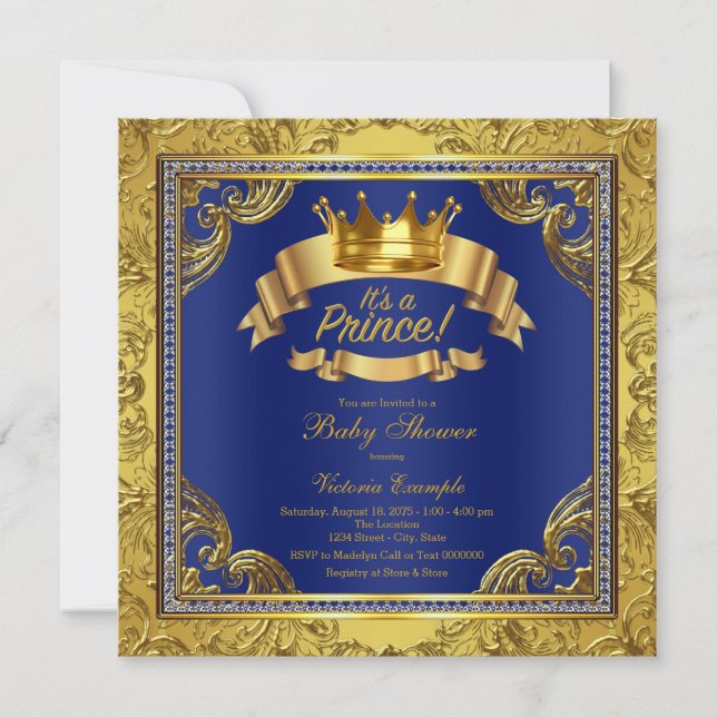 Gold Crown Royal Blue Extravagant Prince Baby Dusc Einladung (Vorderseite)