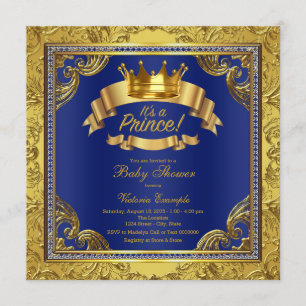 Gold Crown Royal Blue Extravagant Prince Baby Dusc Einladung