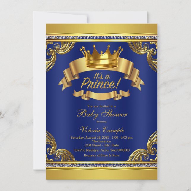 Gold Crown Royal Blue Prince Baby Dusche Einladung (Vorderseite)