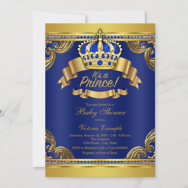 Gold Crown Royal Blue Prince Boy Baby Dusche Einladung (Vorderseite)