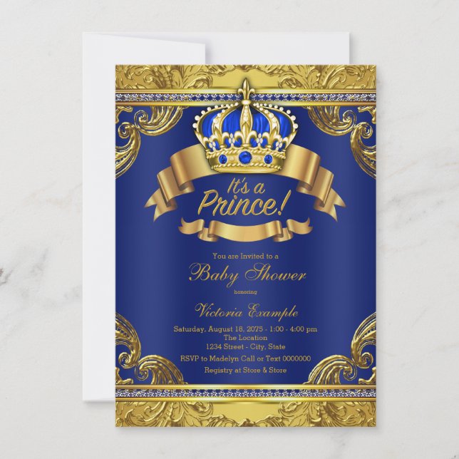Gold Crown Royal Blue Prince Boy Baby Dusche Einladung (Vorderseite)